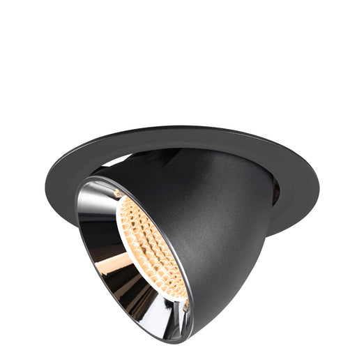 Black metal recessed spotlight with a polished chrome finish and honeycomb lens, designed for ceiling mounting.