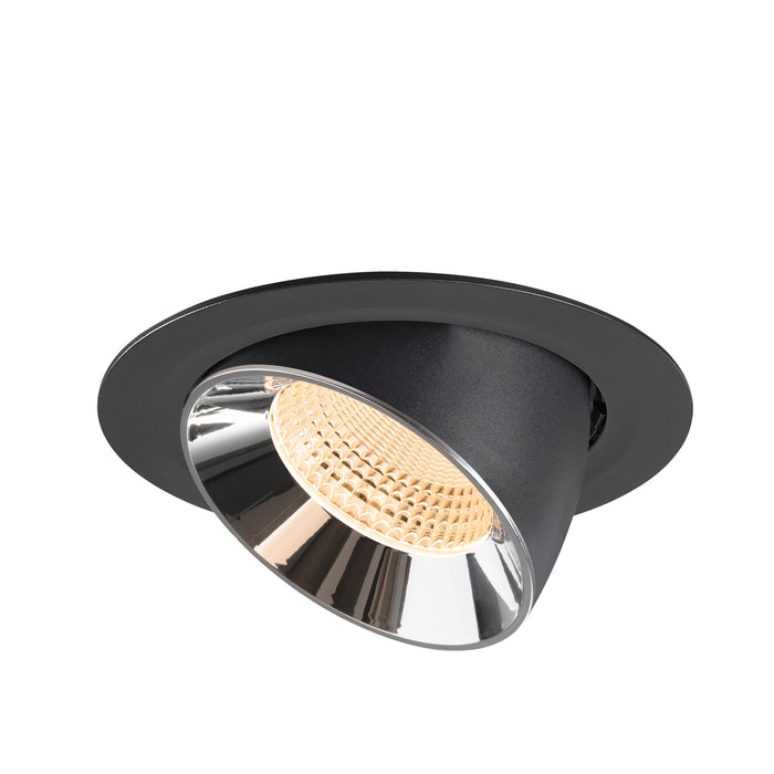 Black recessed spotlight with a chrome finish and honeycomb lens, designed for ceiling mounting.