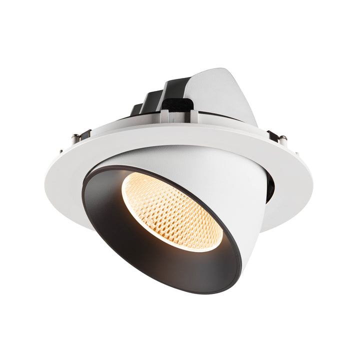 Recessed ceiling light fixture with a white and black finish, made of metal, featuring a honeycomb lens for focused illumination.