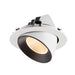 Recessed ceiling light fixture with a white and black finish, made of metal, featuring a honeycomb lens for focused illumination.