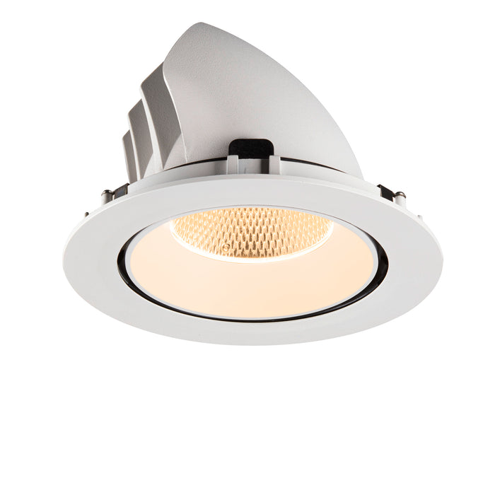 White recessed ceiling light fixture with adjustable baffle, matte finish.