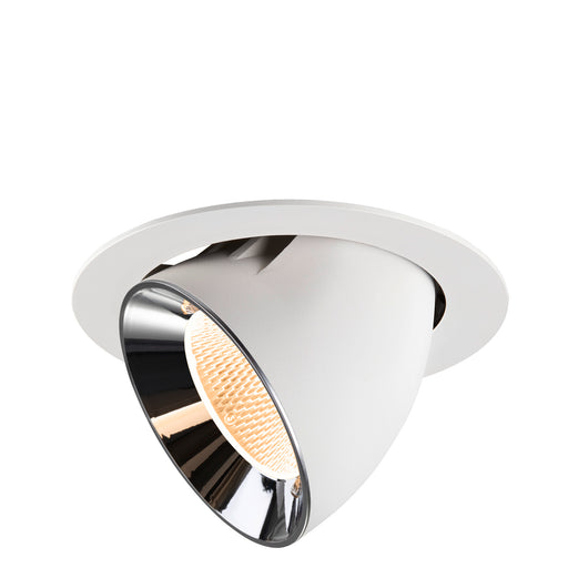 Recessed ceiling light fixture in matte white finish with a reflective chrome interior, designed for flush mounting.