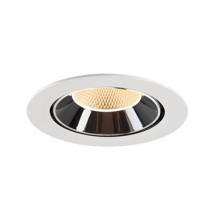 Recessed ceiling light fixture made of metal with a white finish and black reflector, featuring a honeycomb lens for diffused lighting.