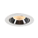 Recessed ceiling light fixture made of metal with a white finish and black reflector, featuring a honeycomb lens for diffused lighting.