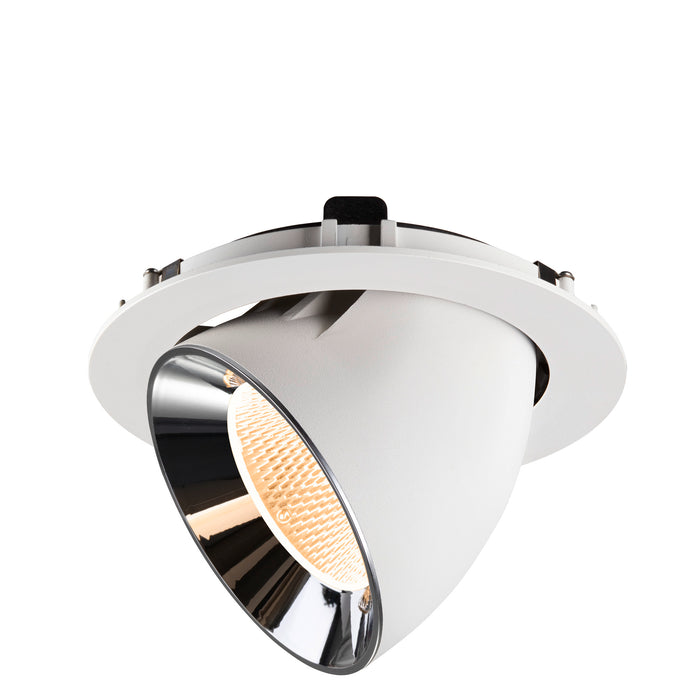 Recessed ceiling light fixture in white metal with a polished chrome reflector, designed for easy mounting and providing warm illumination.