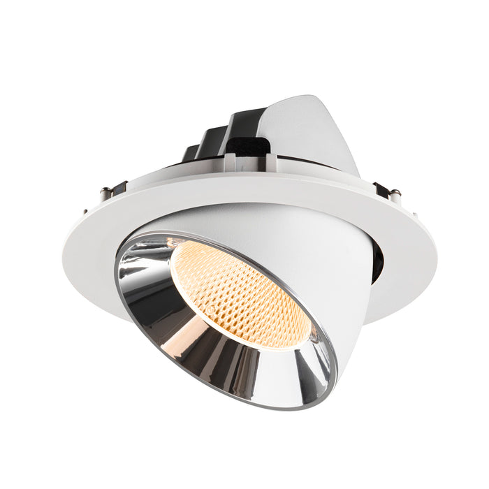 Recessed ceiling light fixture in white metal with a chrome finish and honeycomb lens, designed for easy mounting in various ceiling types.