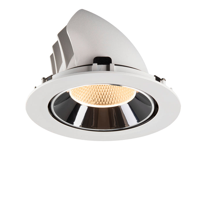 Recessed ceiling light fixture in white metal with a polished chrome finish and honeycomb lens, designed for flush mounting.