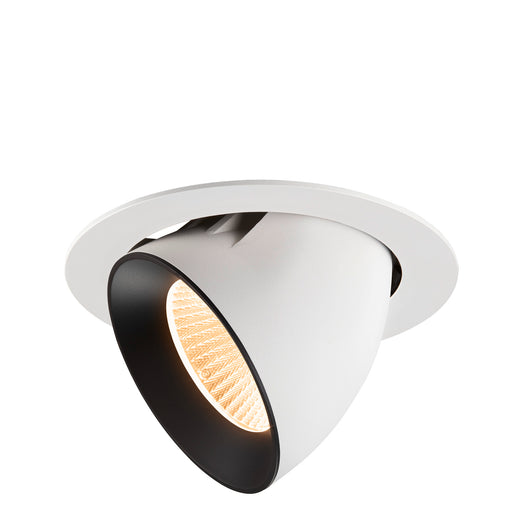Recessed spotlight in matte white and black finish, featuring a sleek design and warm light, suitable for ceiling mounting.