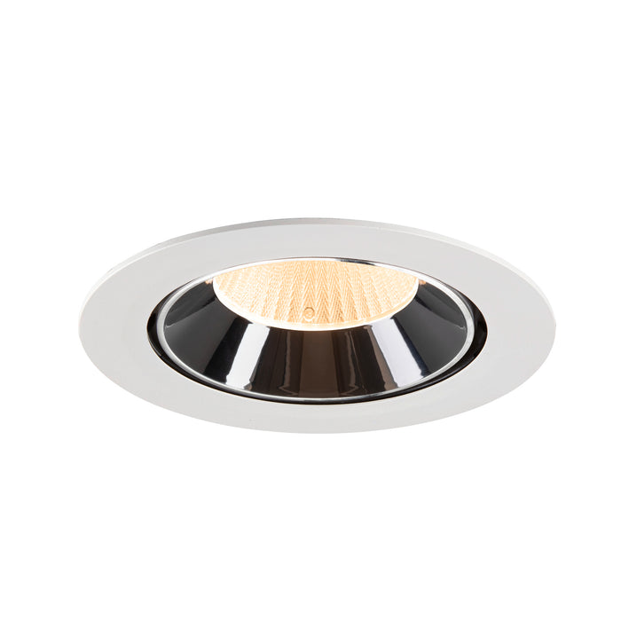 Recessed ceiling light fixture with a white metal finish, black reflector, and warm LED light source.
