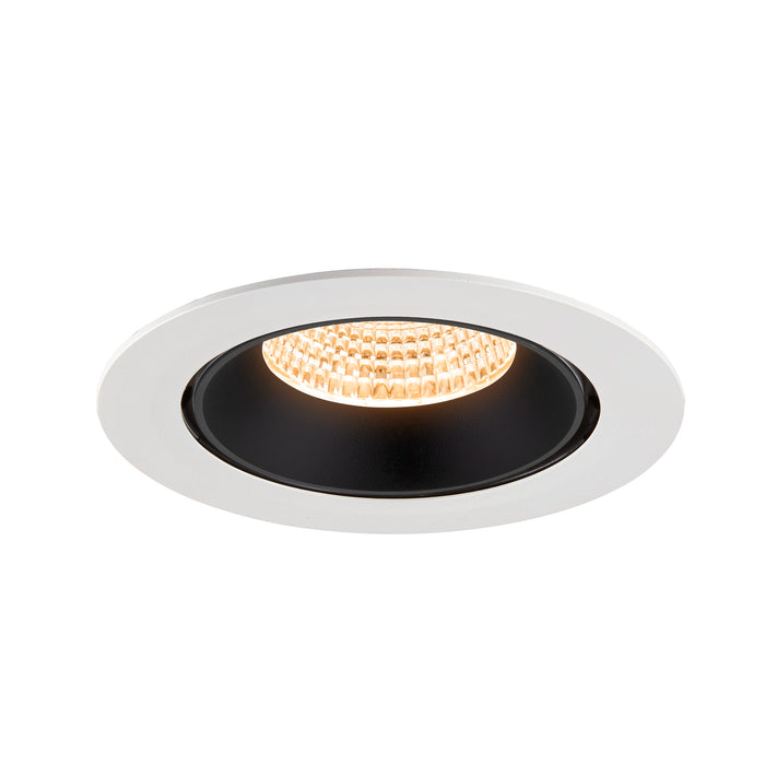Recessed ceiling light fixture with a white metal finish, black interior, and warm LED bulb, designed for flush mounting.
