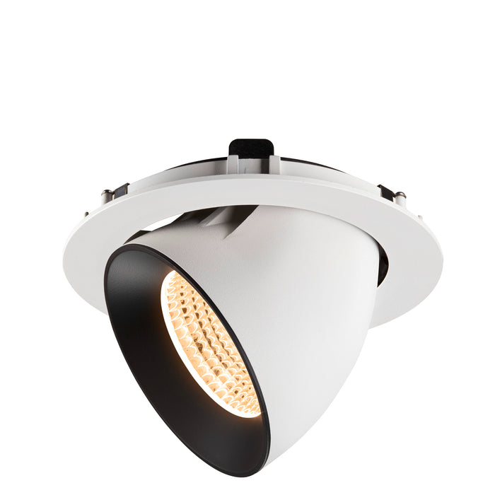 Recessed spotlight made of metal with a matte white finish and black interior, designed for ceiling mounting.
