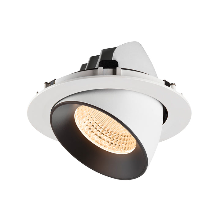 Recessed ceiling light fixture made of metal with a matte white finish and black interior, designed for easy mounting.