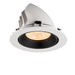 Recessed LED downlight in white finish with black interior, featuring a textured aluminum body and warm white light output.