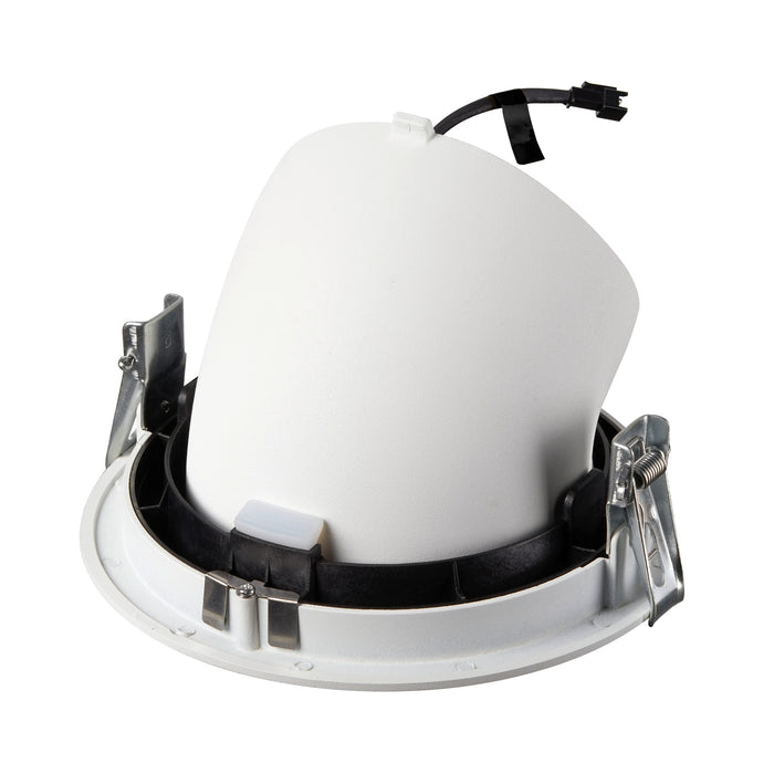 White plastic recessed light housing with metal clips and a black wire for mounting.