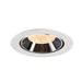 Recessed ceiling light fixture made of metal with a white finish and black reflector, featuring a warm LED bulb for efficient illumination.