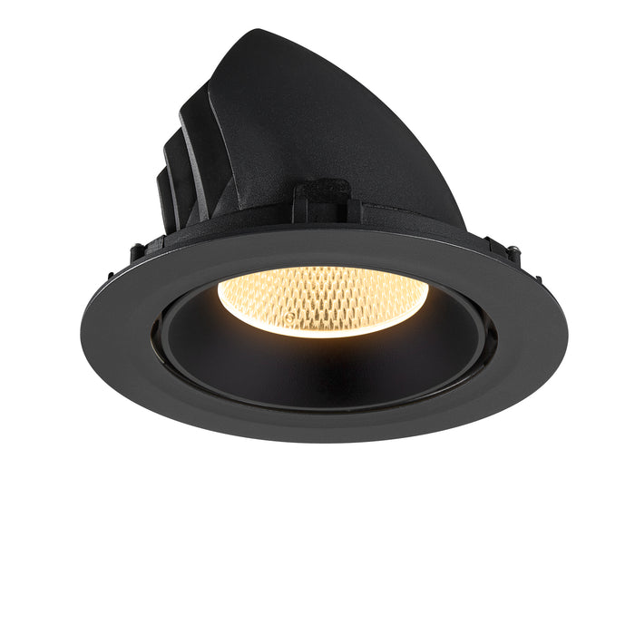 Black recessed downlight fixture, matte finish, ceiling mount.