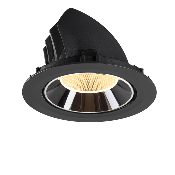 Black recessed LED downlight with a polished chrome reflector and honeycomb lens, designed for ceiling mounting.
