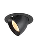 Black recessed ceiling light fixture, adjustable spotlight.