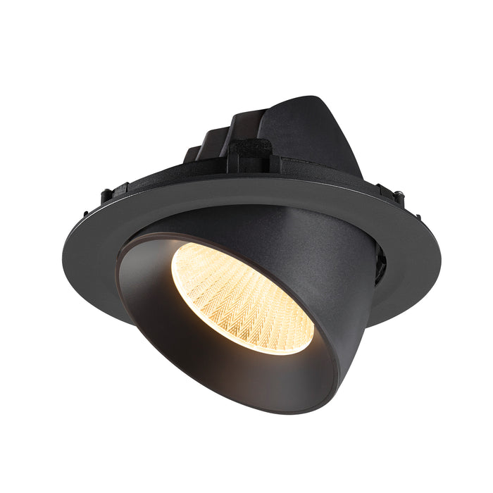 Black recessed ceiling light fixture, adjustable angle, matte finish.