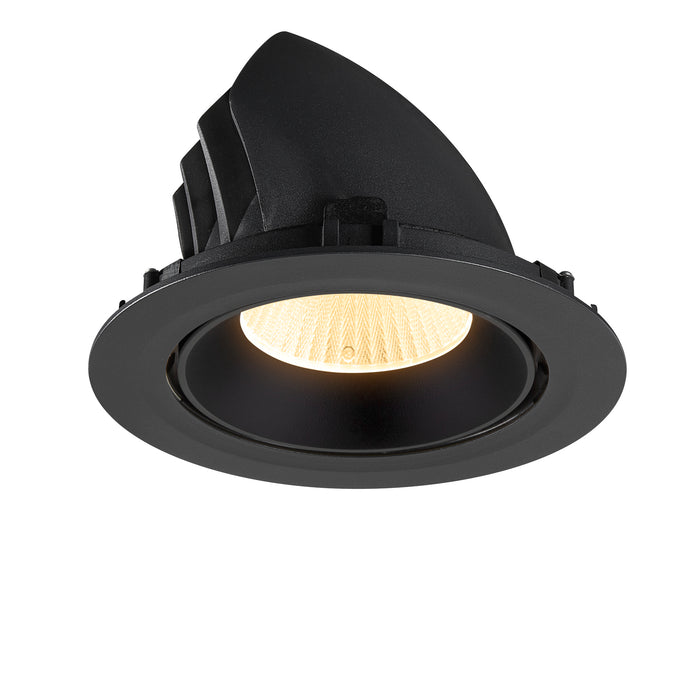 Black recessed downlight fixture, matte finish, ceiling mounted.