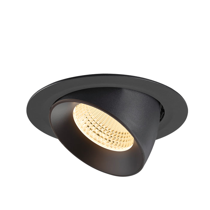 Black recessed ceiling light fixture, adjustable angle, matte finish.