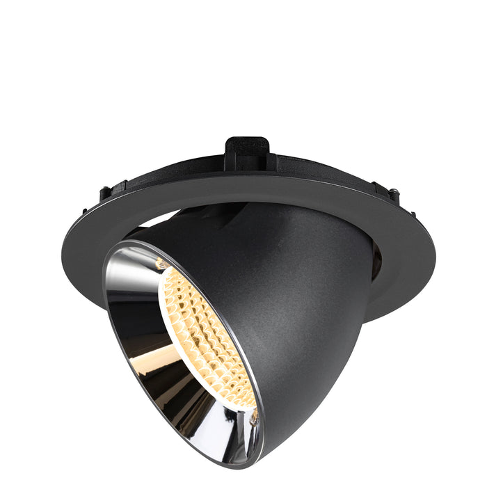 Black recessed spotlight with a matte finish and chrome reflector, designed for ceiling mounting.