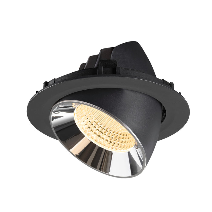Black recessed spotlight with a chrome reflector, featuring a sleek design suitable for ceiling mounting.