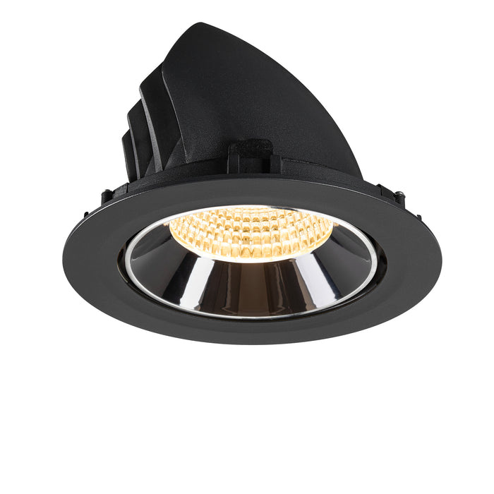 Black recessed LED downlight with a reflective chrome finish and a modern design, suitable for ceiling mounting.