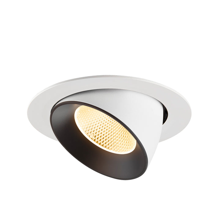 Recessed ceiling light fixture with a white metal finish, black interior, and honeycomb lens for focused illumination.