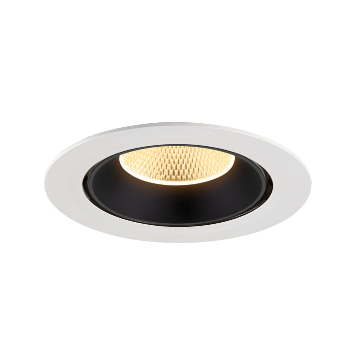 Recessed ceiling light fixture with a white finish, black interior, honeycomb pattern, and warm LED illumination.