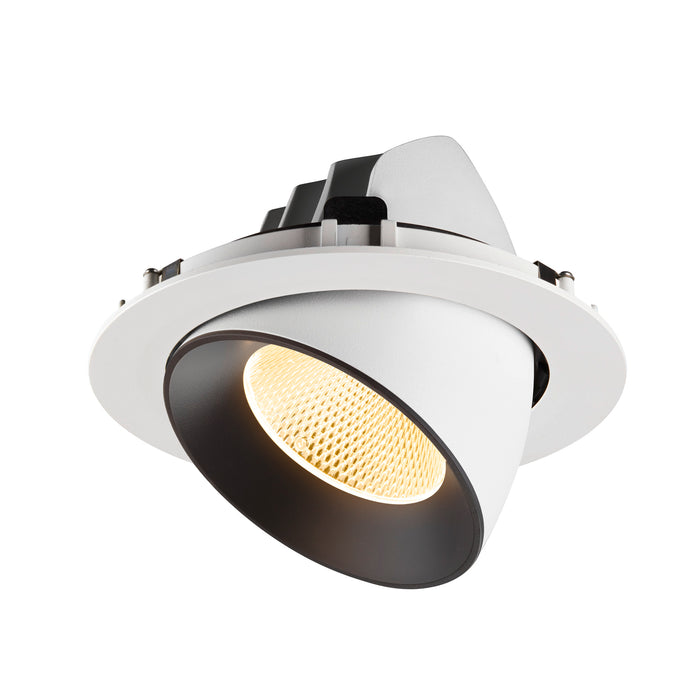 Recessed ceiling light fixture made of metal with a matte white finish and black interior, featuring a honeycomb lens for focused illumination.