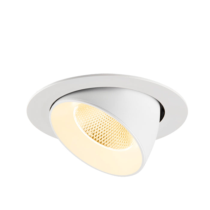 White recessed ceiling light fixture with adjustable head.