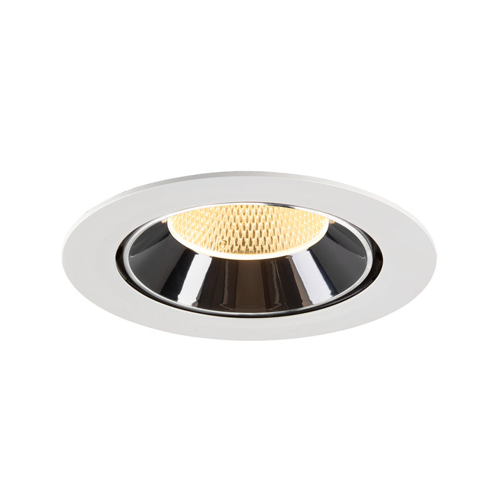 Recessed ceiling light fixture with a white metal finish, black reflector, honeycomb lens, and warm white LED light source.