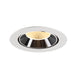 Recessed ceiling light fixture with a white metal finish, black reflector, honeycomb lens, and warm white LED light source.