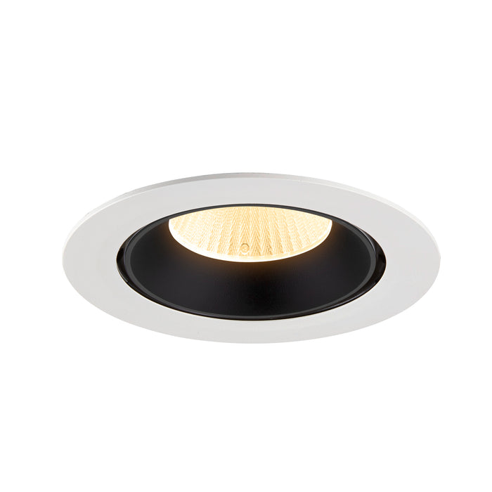 Recessed ceiling light fixture with a white metal trim, black interior, and a textured gold lens, designed for flush mounting.