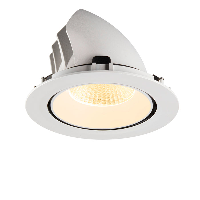 White recessed downlight fixture, textured finish, ceiling mounted.
