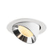 Recessed ceiling light fixture in white metal with a chrome finish and warm LED bulb, designed for flush mounting.