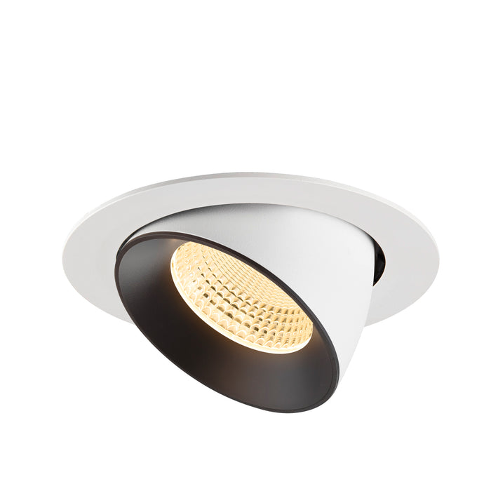 Recessed ceiling light fixture with a white metal finish, black interior, and a warm LED bulb, designed for easy mounting in various settings.