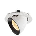 Recessed ceiling light fixture made of metal with a matte white finish and black interior, designed for easy mounting.