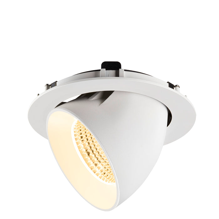 White recessed ceiling light fixture, adjustable gimbal, matte finish.