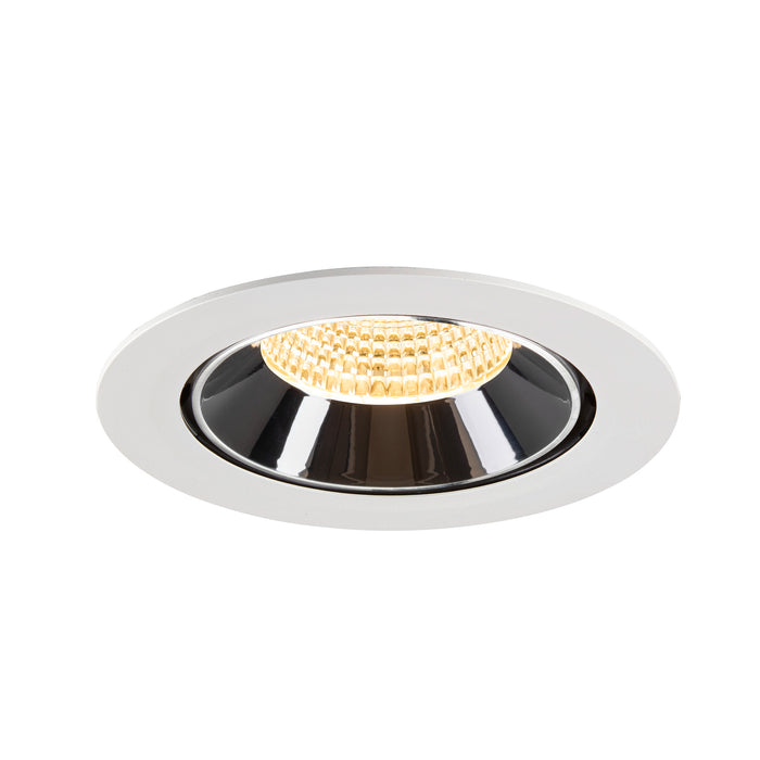 Recessed LED downlight with a white metal trim, black reflector, and warm white light, designed for ceiling mounting.