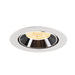 Recessed LED downlight with a white metal trim, black reflector, and warm white light, designed for ceiling mounting.