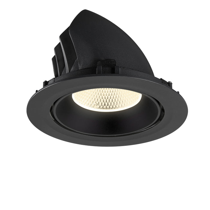 Black recessed downlight fixture with adjustable tilt.
