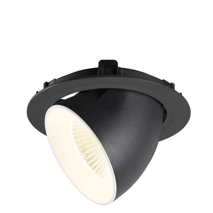 Black recessed ceiling light fixture with adjustable head.