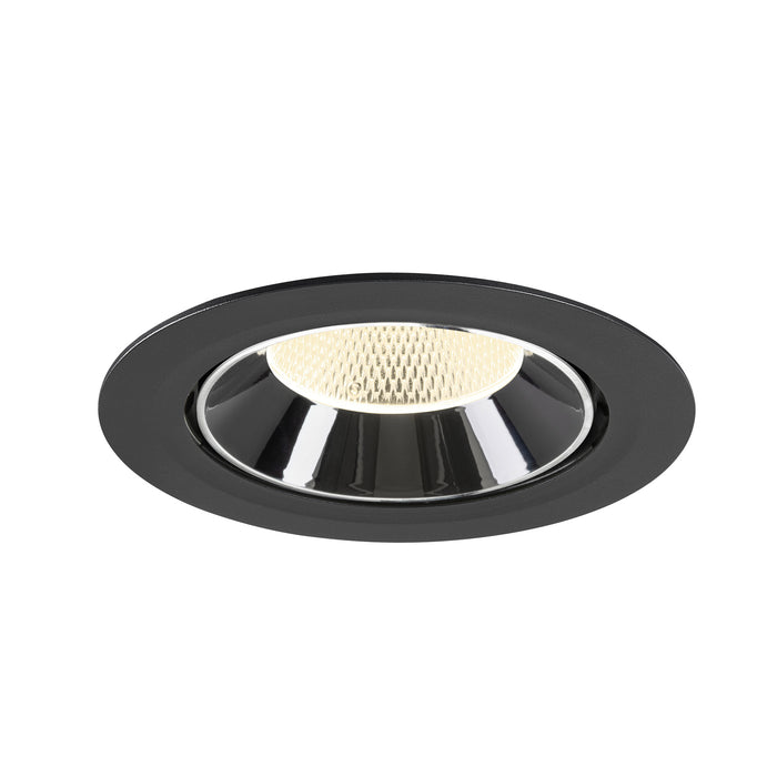 Recessed ceiling light fixture made of metal with a black finish and chrome reflector, designed for flush mounting.