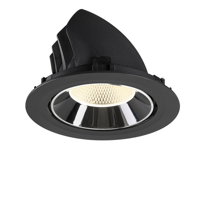 Recessed ceiling light fixture made of black metal with a polished chrome reflector and honeycomb lens for even light distribution.