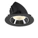 Recessed ceiling light fixture made of black metal with a polished chrome reflector and honeycomb lens for even light distribution.