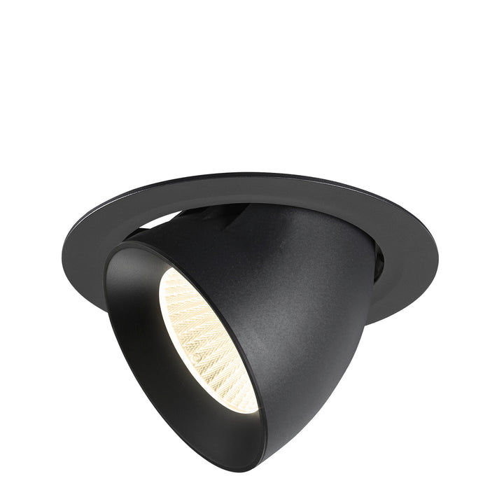 Black recessed ceiling light fixture, adjustable spotlight, matte finish.