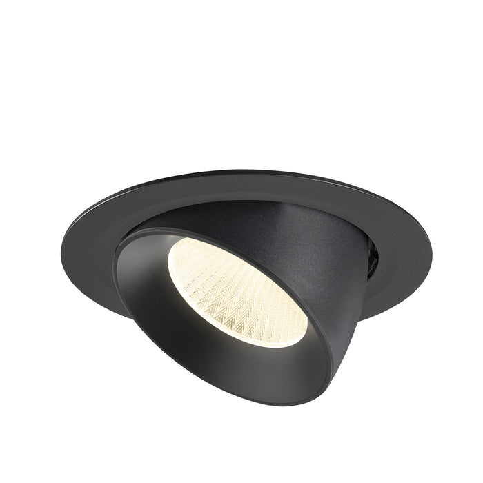 Black recessed ceiling light fixture with adjustable head.