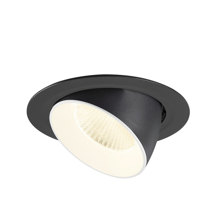 Black recessed ceiling light fixture with adjustable tilt.